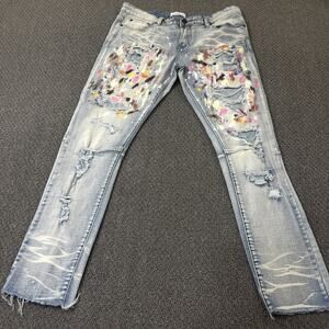 Blind Trust Jeans Mens 36x32 Blue Distressed Paint Splatter Slim Fit Denim Pants